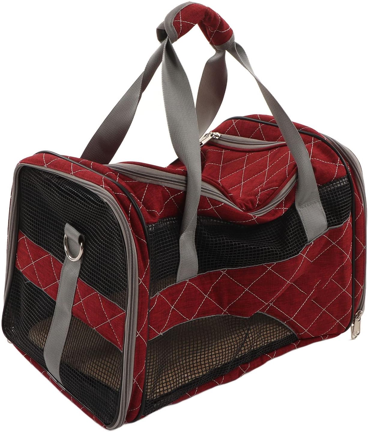 Dog Carrier Travel Bag, Collapsible Pet Carrier for Small Dogs Cats, Breathable Puppy Carrier with Reflective Webbing, Extra Large Window, Foldable Design for Outdoor Travel (Wine Red)