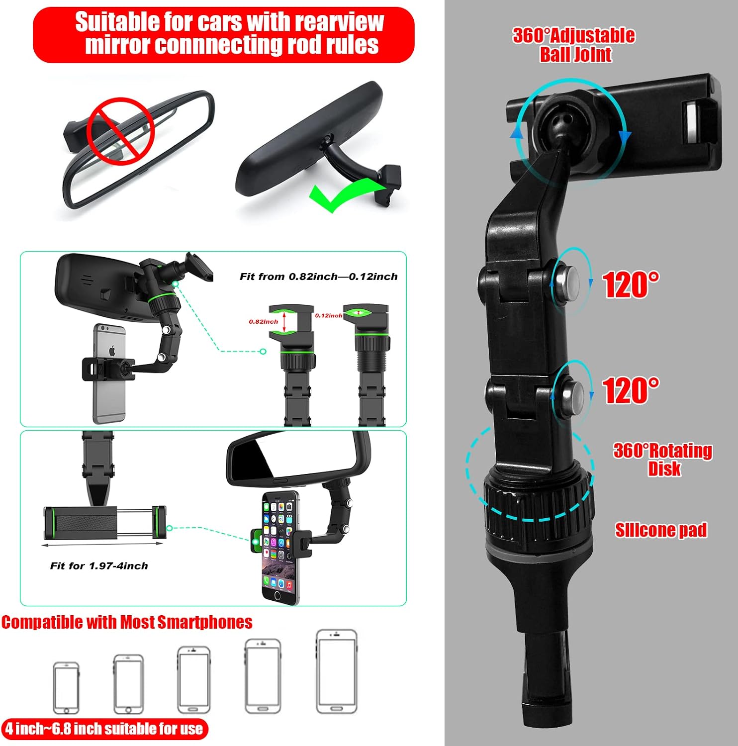 mamusk 2 PCS Multifunctional Rearview Mirror Phone Holder for Car, 360° Rotatable Universal Car Rear View Mirror Mount, Vehicle Back Seat/Home Table Mobile Phone Stand Cradle for All Cell Phones