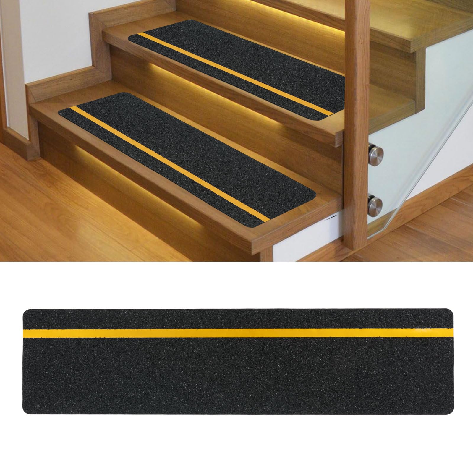 Tiras antideslizantes para escaleras, exteriores, 61 x 10 cm, resistentes a la intemperie, cinta adhesiva de alto rendimiento, 15 unidades, para interiores y exteriores (negro y amarillo)