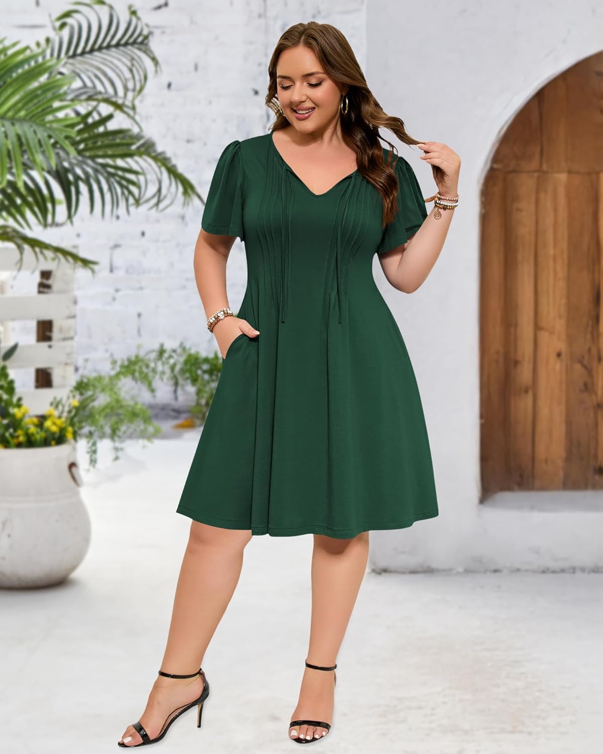 Manllenshie Women's Plus Size Casual Work Business Daily Dress Summer Short Sleeve V Neck Pleat Dresses with 2 Pockets