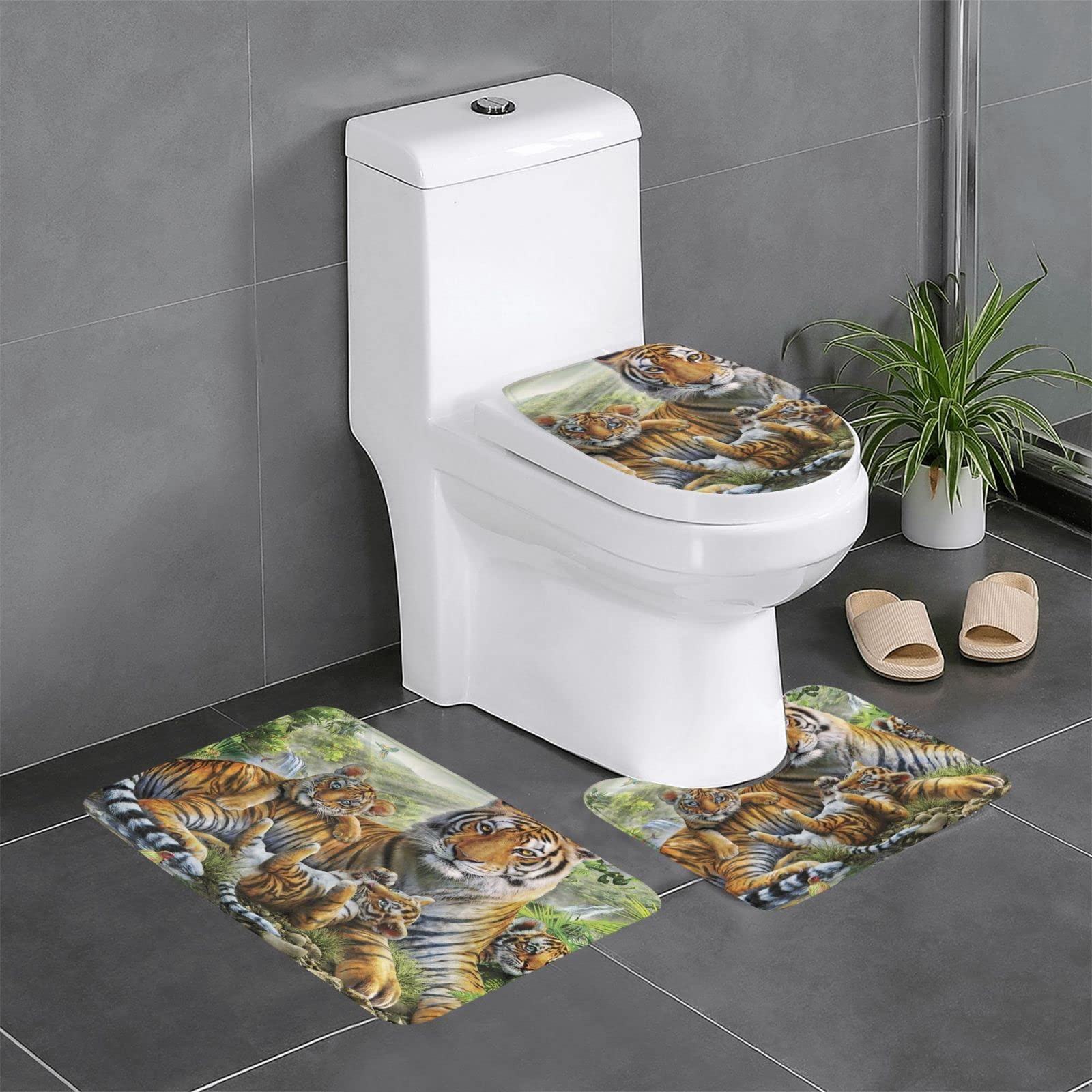 Danlim Lot de 3 tapis antidérapants pour salle de bain, super absorbants, lavables en machine, motif tigre de la jungle