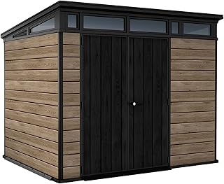 Keter Signature Collection 9x7 Ft All-Weather Storage Shed with Skylight, Window, Built-in Ventilation, & Lockable Double Doors, Ashwood