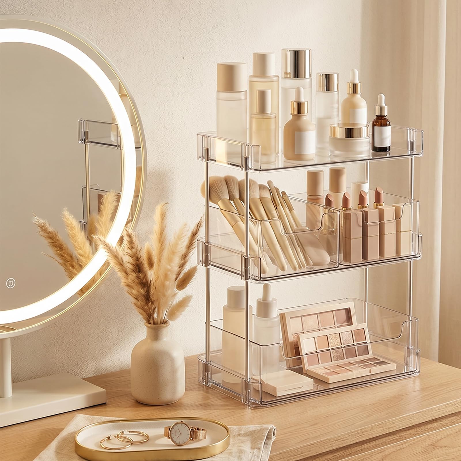 JessLab Organizador de Maquillaje Transparente, 3 Niveles con Cajones Extraíbles, Estante Grande para Cosméticos para Botellas Altas, Perfume, Labial, Encimera de Baño