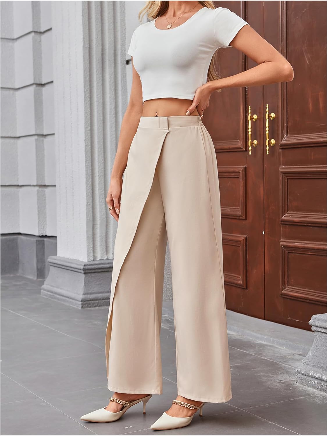 WDIRARA Women's Wrap Front Wide Leg Long Pants Elastic Waist Solid Loose Trousers - Image 4
