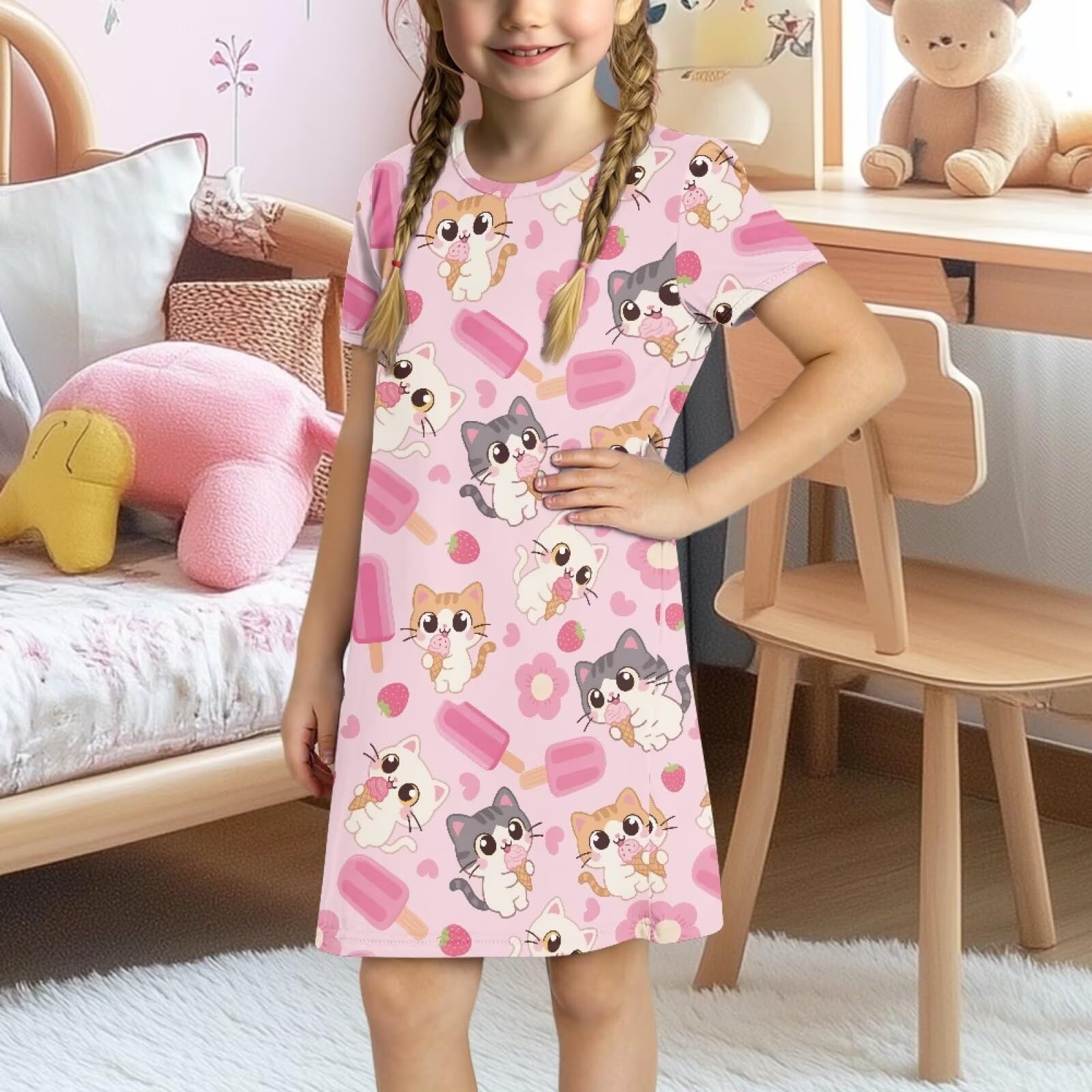 Camisón de manga corta para niñas de 3 a 14 años, de poliéster