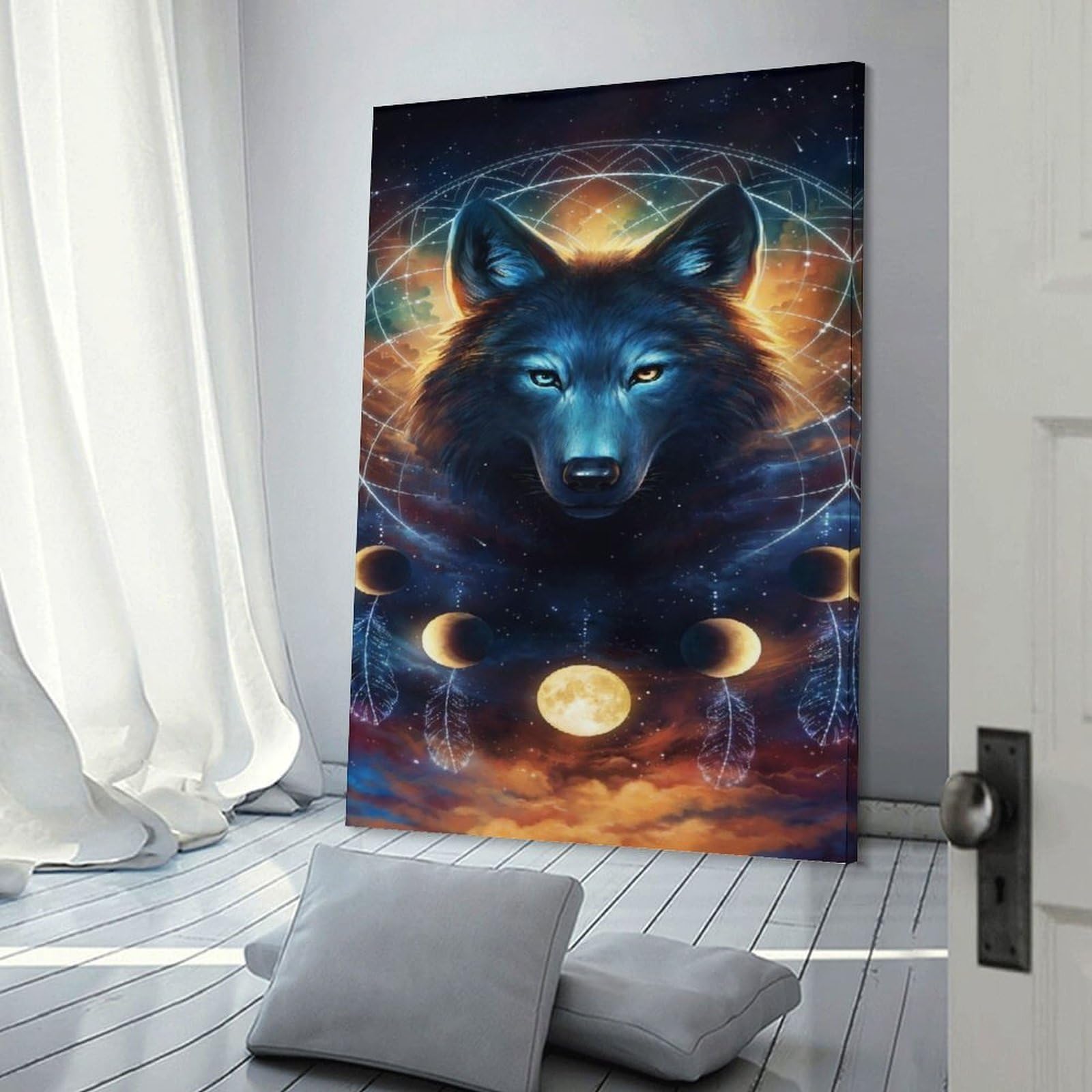 Junmoney Frame-Style-3 Canvas Wall Art Wolf Dreamcatcher Art Print, 24X36inch(60X90cm), For New Homes, Bedrooms Or Workspaces, Canvas Artwork With Gifting Potential