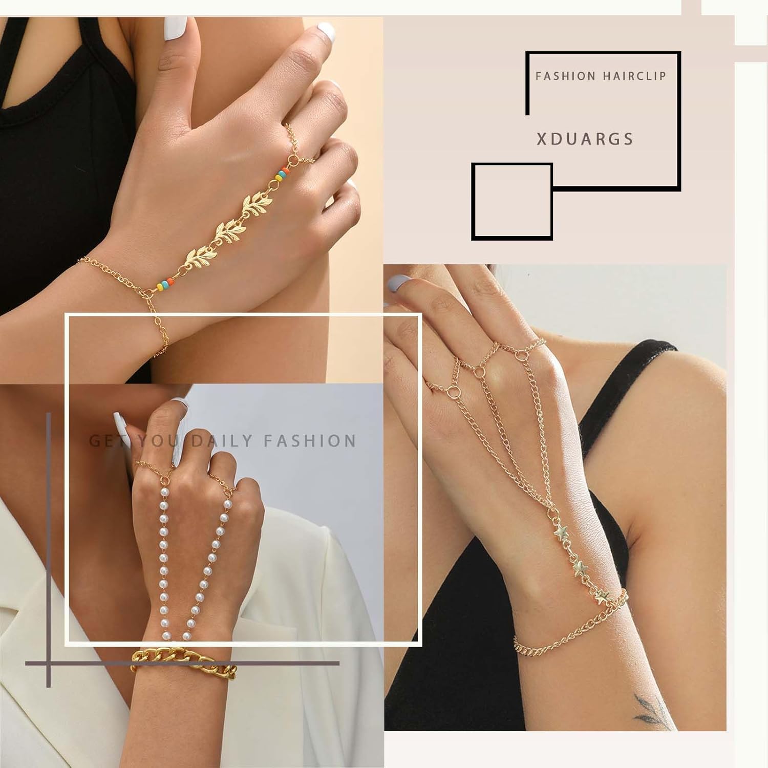 Boho Pearl Finger Ring Bracelet Vintage Pearl Beads Slave Chain Hand Bracelet Gold Pearls Station Hand Harness Chains Bracelet Adjustable Slave Chain Bracelet Jewelry for Women - Image 7