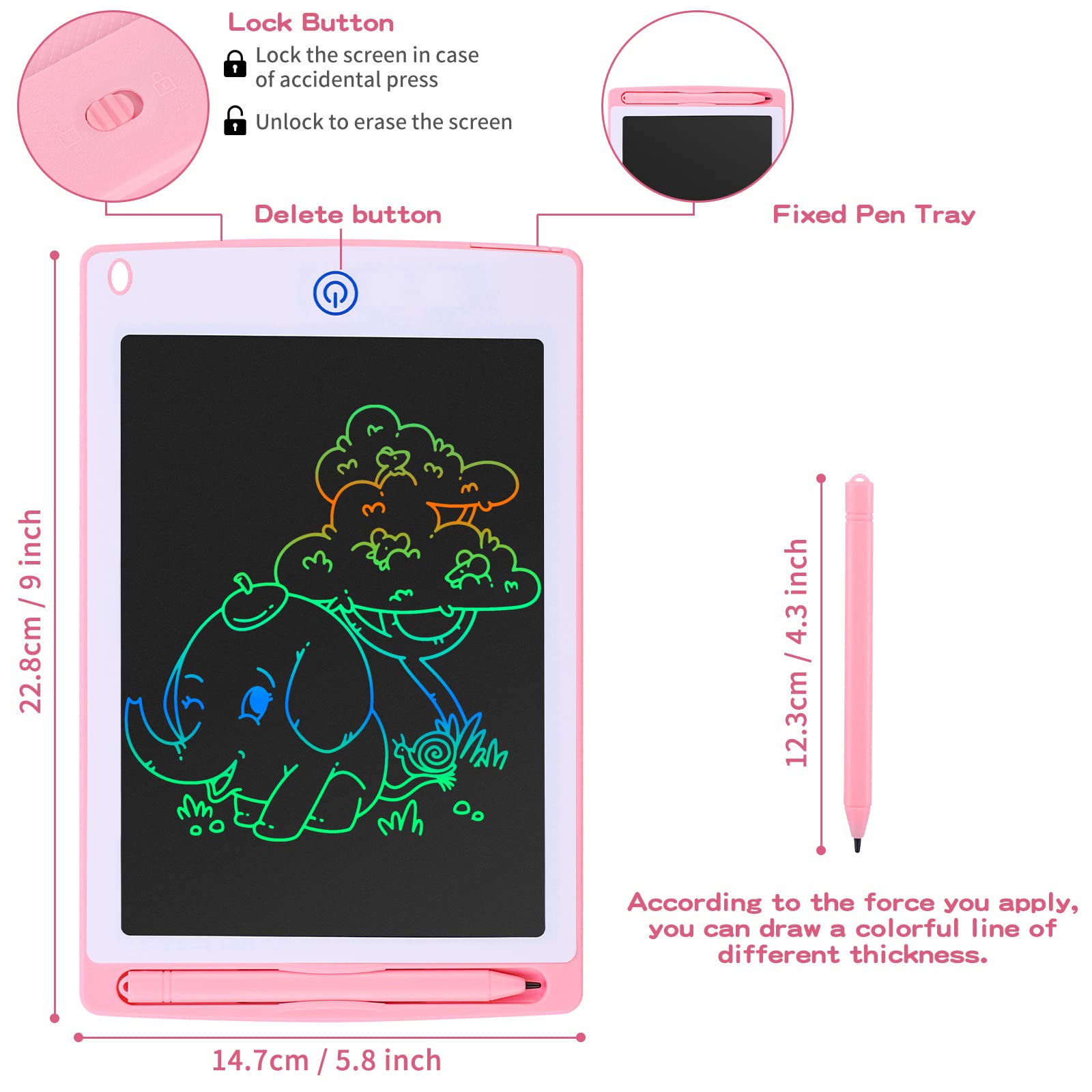 Coozlon LCD Writing Tablet for Kids, 8.5 Inch Erasable LCD Drawing Tablet for Kids with Lock Function Drawing Board for Doodle Drawing and Memo Lists,Free Animal Cartoon Stickers, Cherry Pink — view 2