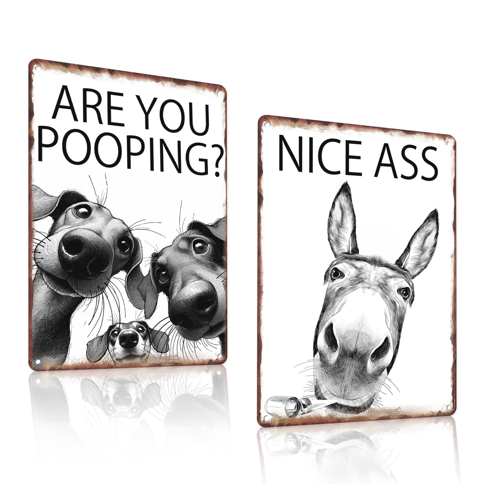Funny Donkey Dog Bathroom Tin Sign Set, 12x8 Inch Decor