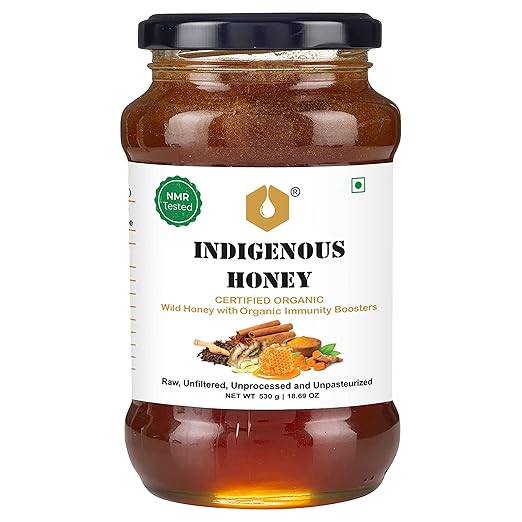 INDIGENOUS HONEY Raw Organic Honey with Infused Turmeric Clove Cinnamon, Ginger, NMR Tested NPOP Organic Certified Pure Natural Honey added Immunity Booster- 530 g Glass Jar (Pack of 1)