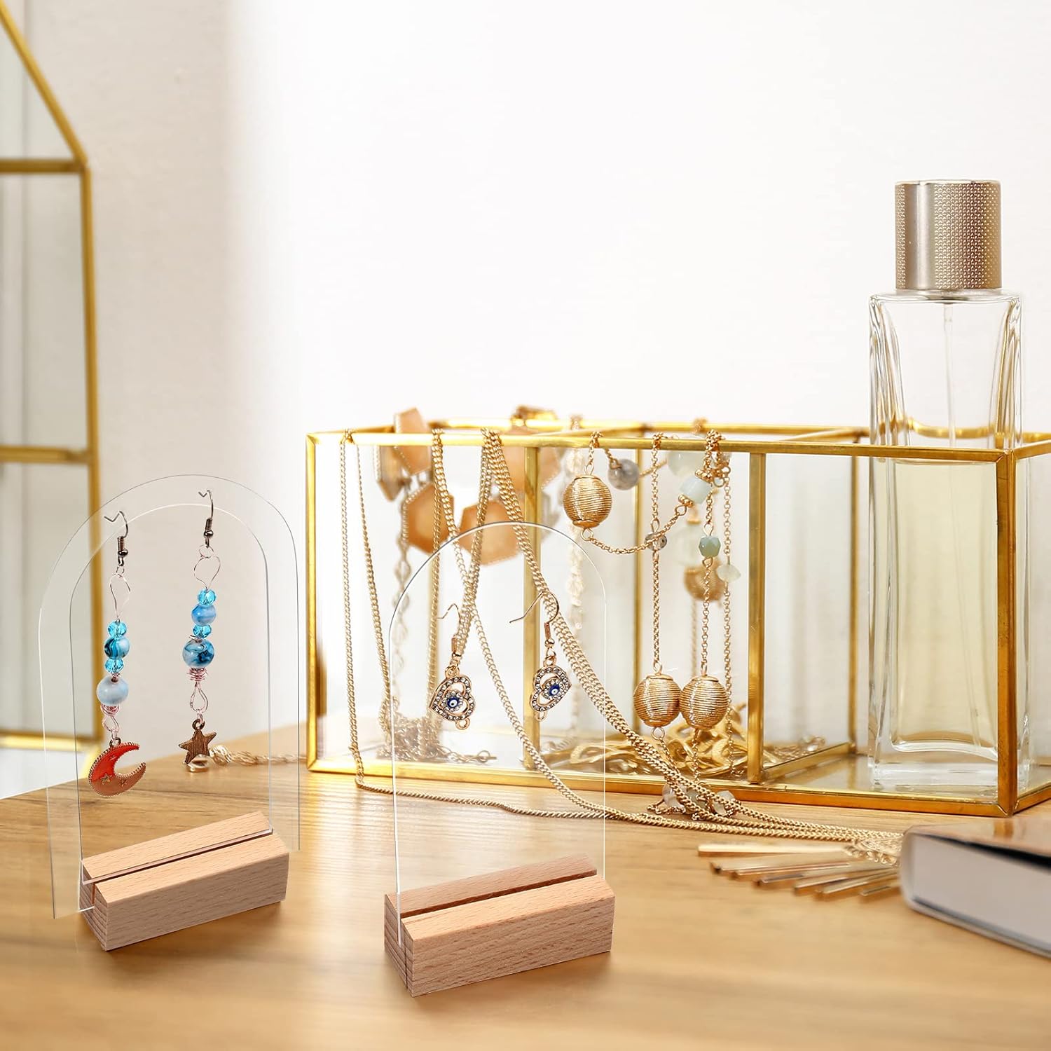 Yulejo Acrylic Earring Display Stand Jewelry Retail Holder Arch Acrylic Holder for Studs Dangle Earrings Solid Hollow Sign Stand Jewelry Displays with Wooden Bases - Image 5