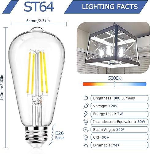 Vista 28 de Paquete de 12 bombillas LED Edison ST64 grandes, estilo vintage, equivalente a 60 W, 7 W, 800 lúmenes, filamento LED antiguo regulable, blanco