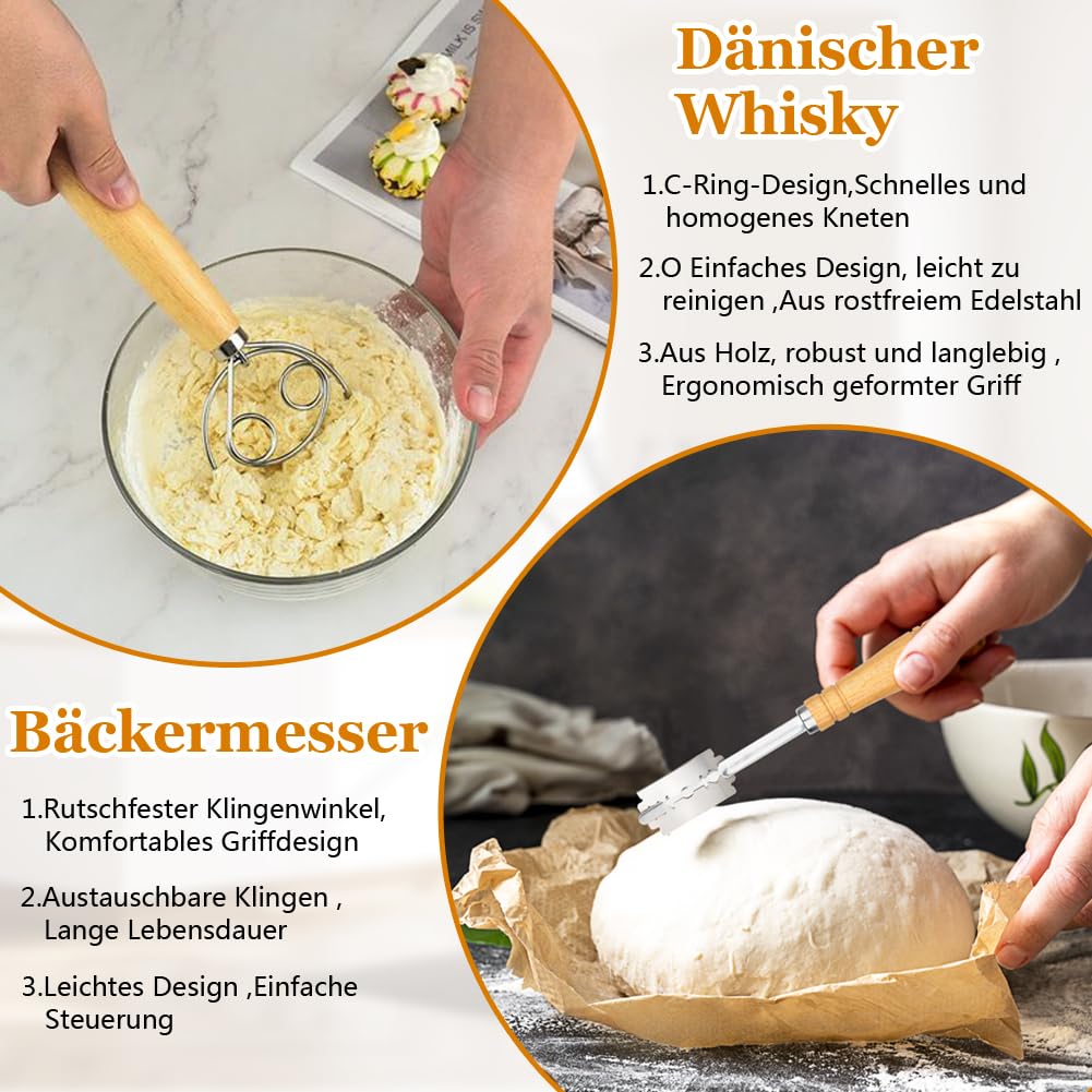 Set Cestino Lievitazione Pane in Rattan Naturale (25cm Ovale + 23cm Rotondo) con Tela di Lino, Raschietto Pasta e Accessori - per Casereccio e Porta Pane da Tavola