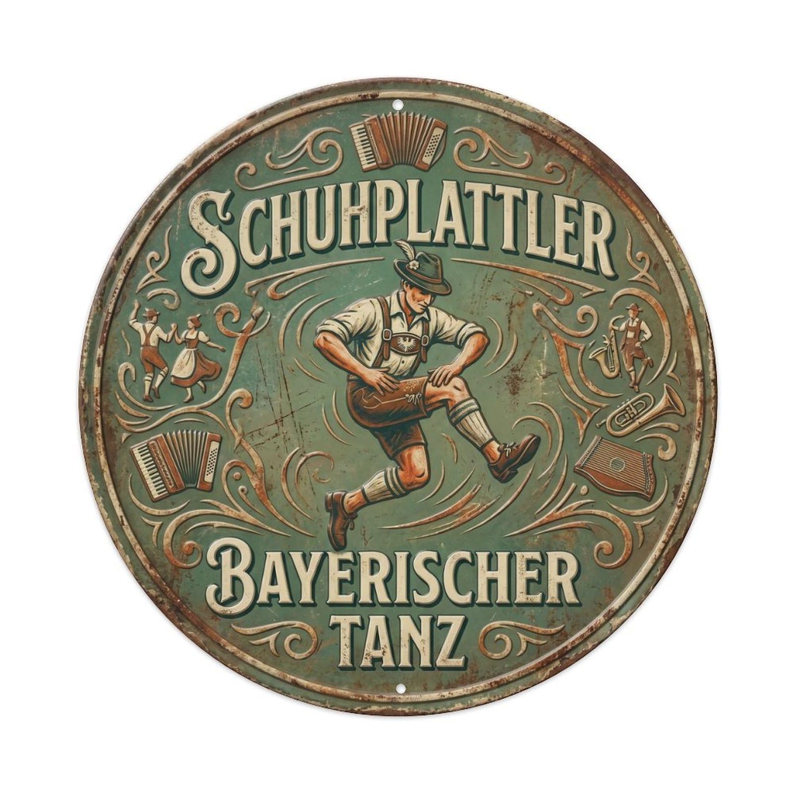 Vintage Bar Style Schuhplattler Traditional Dance Folk Metal Tin Sign Plaque Wall Decor for Cafe, Club, Garden Round Metal Poster 8x8Inch