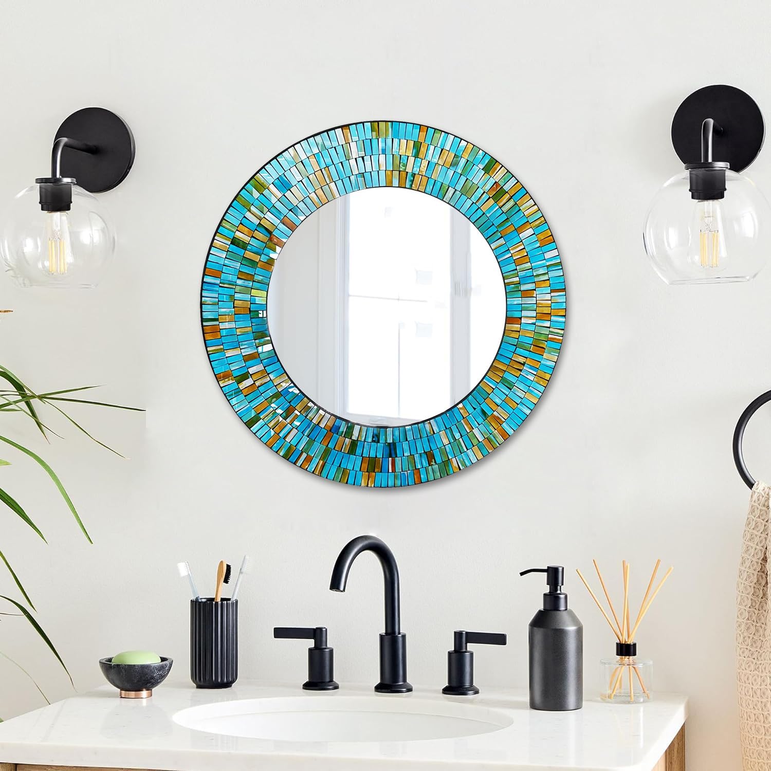 Amazon.co.jp: 手作りモザイク装飾壁ミラー 24インチ 円形壁ミラー