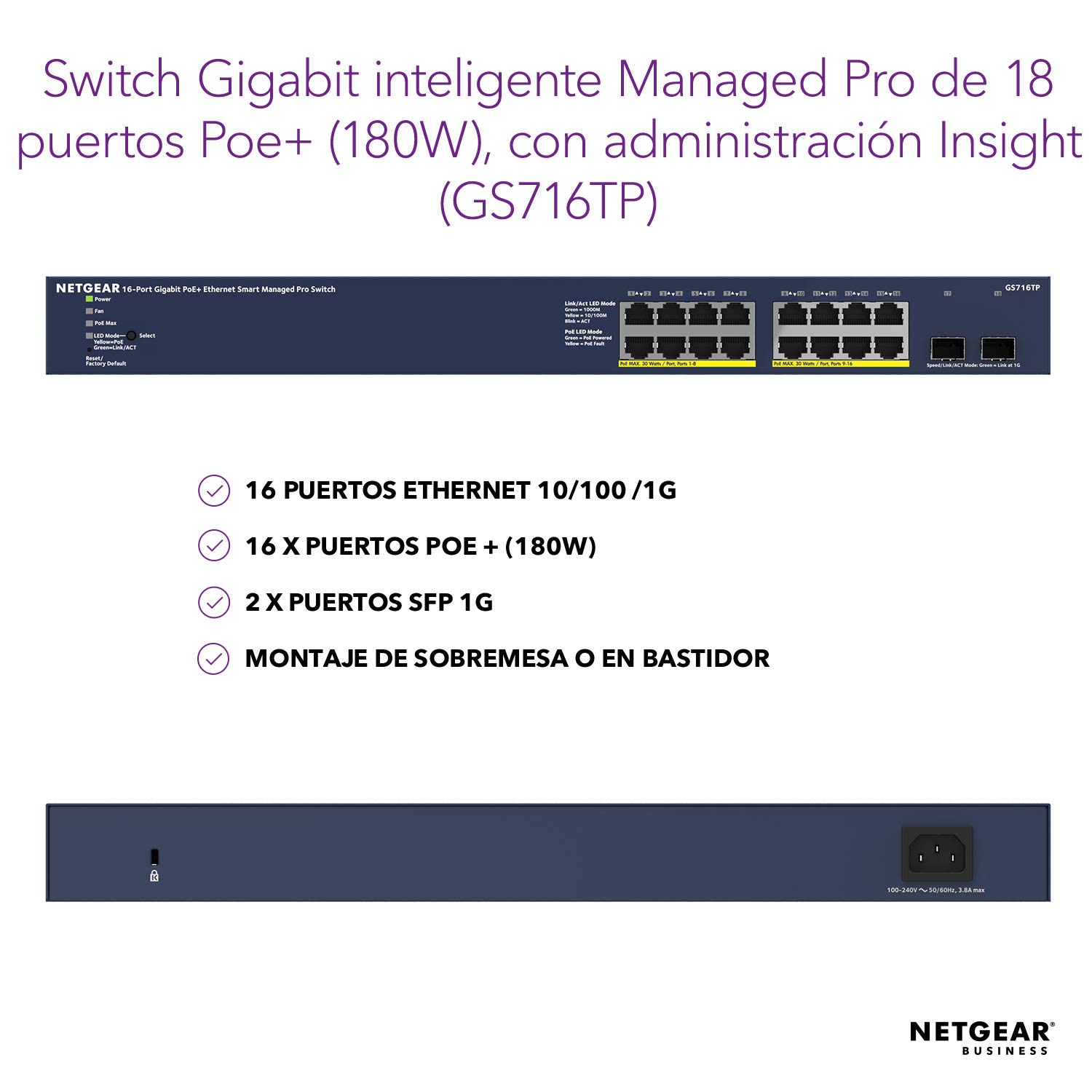Netgear GS716TP - Switch de Red conmutador Gigabit Ethernet PoE+ Smart Managed Pro de 16 Puertos gestionable con 2 Puertos SFP de 180 W y gestión en la Nube Insight