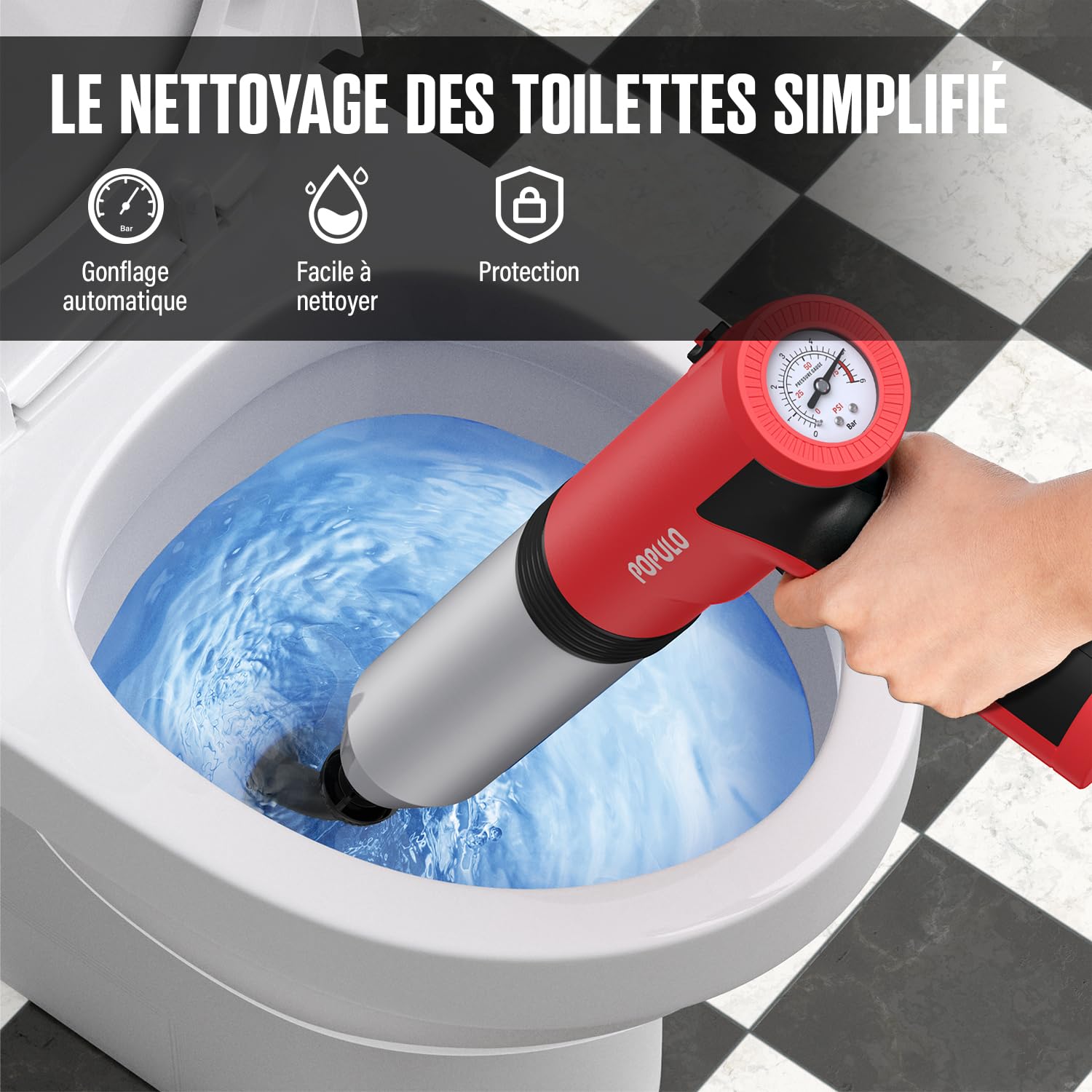 POPULO Déboucheur électrique à Ventouse haute pression pour Toilettes WC Bain Lavabo Douche
