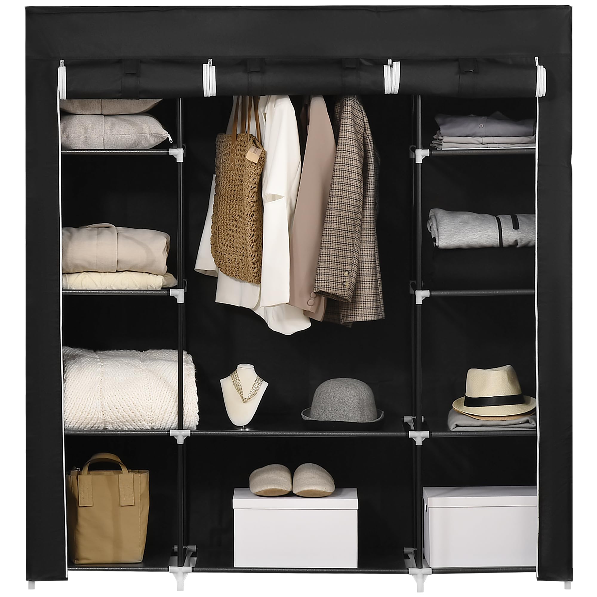 Homcom Black Fabric Wardrobe Portable Wardrobe With 10 Shelves 1 Hanging Rail In
