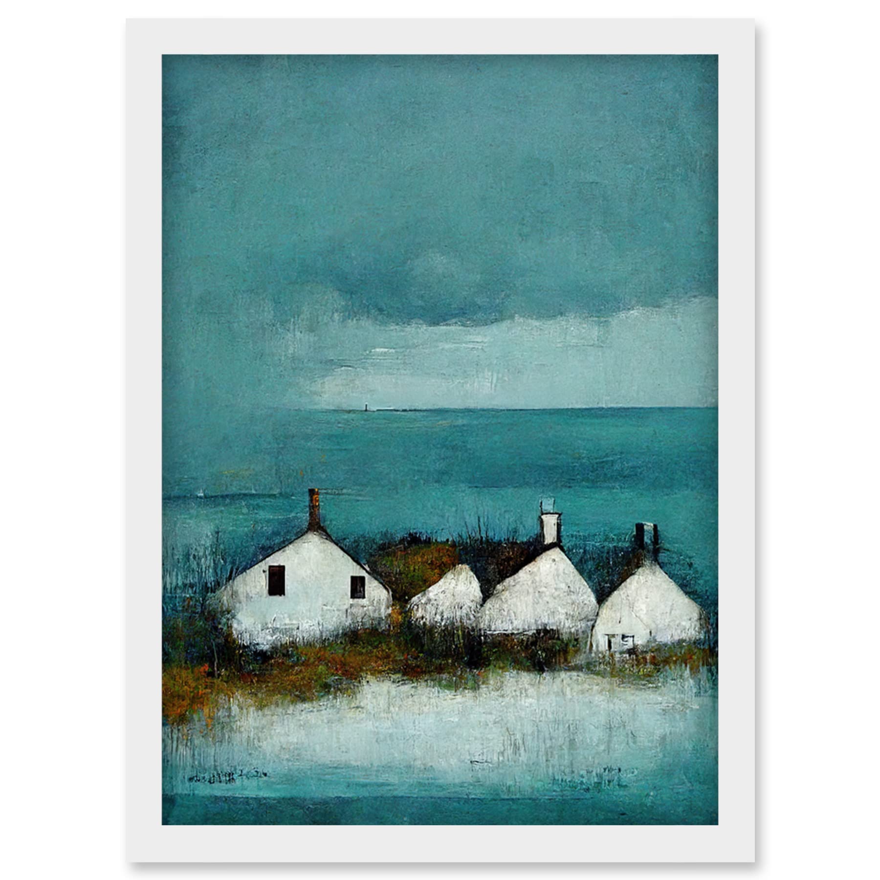 Artery8 Scottish Seascape White Cottages Framed Wall Art Print - Teal Artwork - A4
