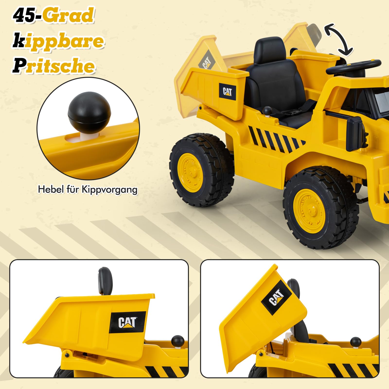 COSTWAY Caterpillar Elektroauto für Kinder, 12V Muldenkipper zum Draufsitzen mit Sandschaufel & Kippbett & Megafon, Elektro Kinderauto mit Fernbedienung, Aufsitz Kipper für Kinder ab 3 Jahren