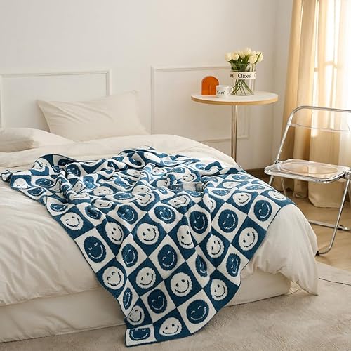 Miniatura 2 de Manta a cuadros con caras sonrientes, reversible, suave, acogedora y cálida para cama y sofá (cuadrícula de sonrisa, azul marino, 51 x 63 pulgadas)