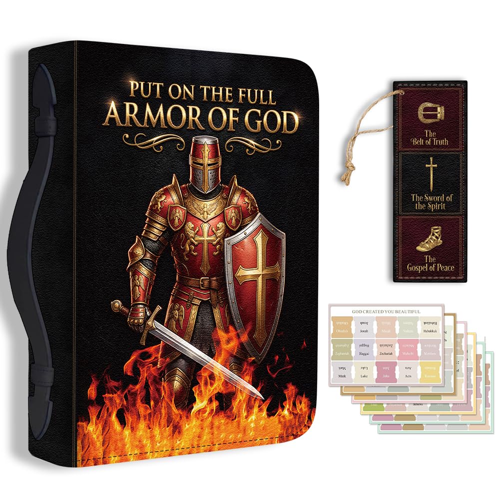 Hobbspring Chivalry Bible Cover Case for Men Women Fire Chevalier Bible Cover with Bookmark Passionate Carrying Book Cases with Handle and Zipper PU Leather Bag for Adults Students(Bronze)
