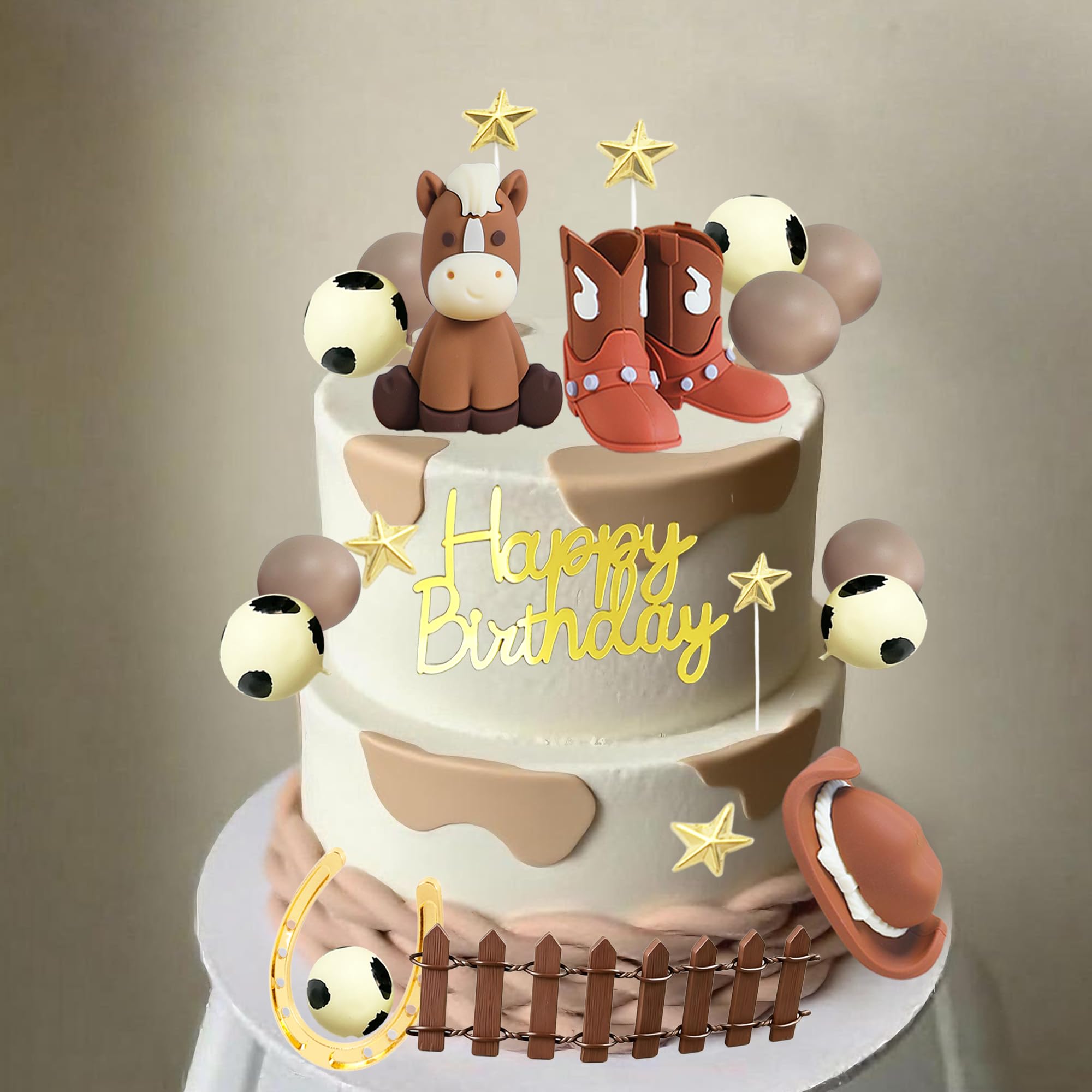 Tyotrbs 3D Cowgirl Happy Birthday Cake Topper Cowboy Hat Boots Cake Decoration for Western Theme Babyshower Birthday Party Cake Decorations (brown2) - Image 6