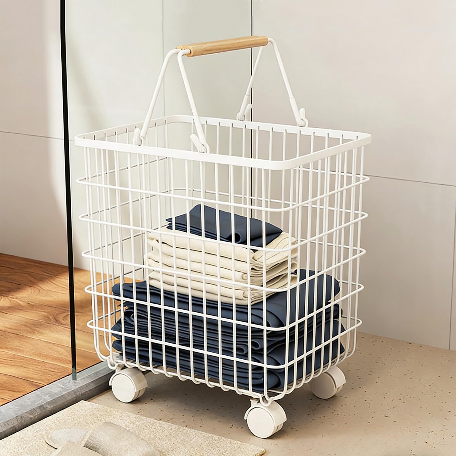 SFSLBFB Large Laundry Basket with Wheels, Rolling Hamper with Handle, Collapsible Dirty Clothes Container for Bedroom Bathroom, Space Saving