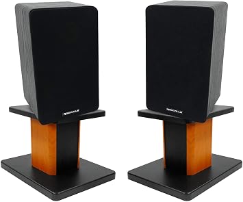 Rockville RockShelf 58B Bundle 2 5.25" 360W Home Theater Bookshelf Speakers, Silk Dome Tweeters, MDF Enclosure, and 2 RHT8C 8" Wood Desktop Speaker Stands with Pads, 4-Items