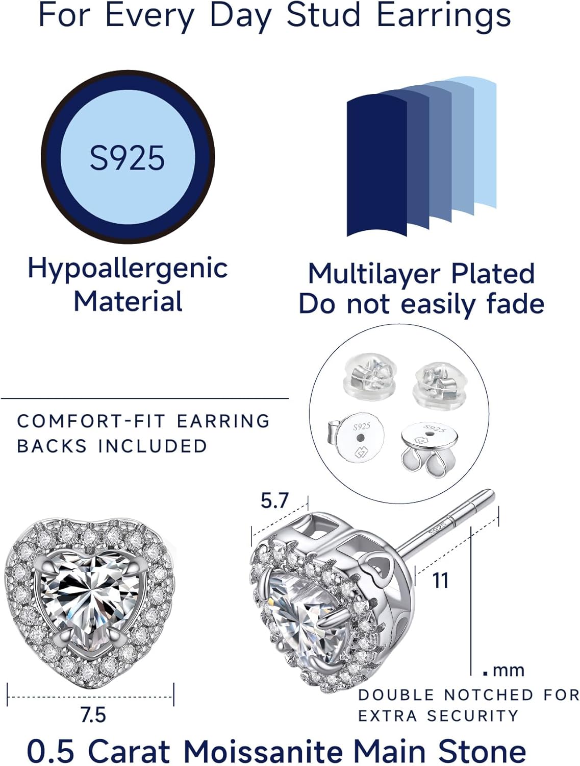 MomentWish Moissanite Earrings for Women, Gifts for Christmas, 1/2 Carat Moissanite Stud Earrings, D Color VVS1 Simulated Diamond 925 Sterling Silver Halo Earrings for Birthday Anniversary - Image 7