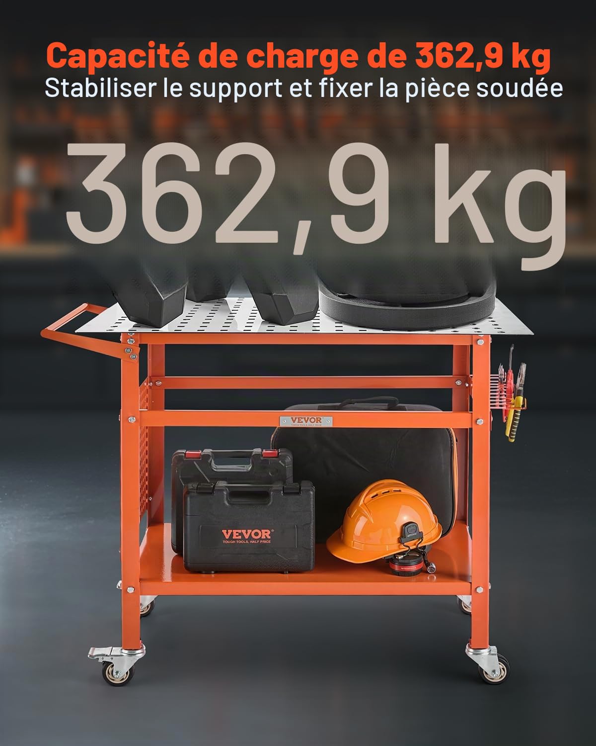 VEVOR Table de Soudure 1016x609,6 mm Établi de Soudage Mobile Acier Capacité de Charge Statique 363 kg, 4 Roues, Panneau de Rangement, Trous de Fixation, pour Travaux Réparation Assemblage Soudage