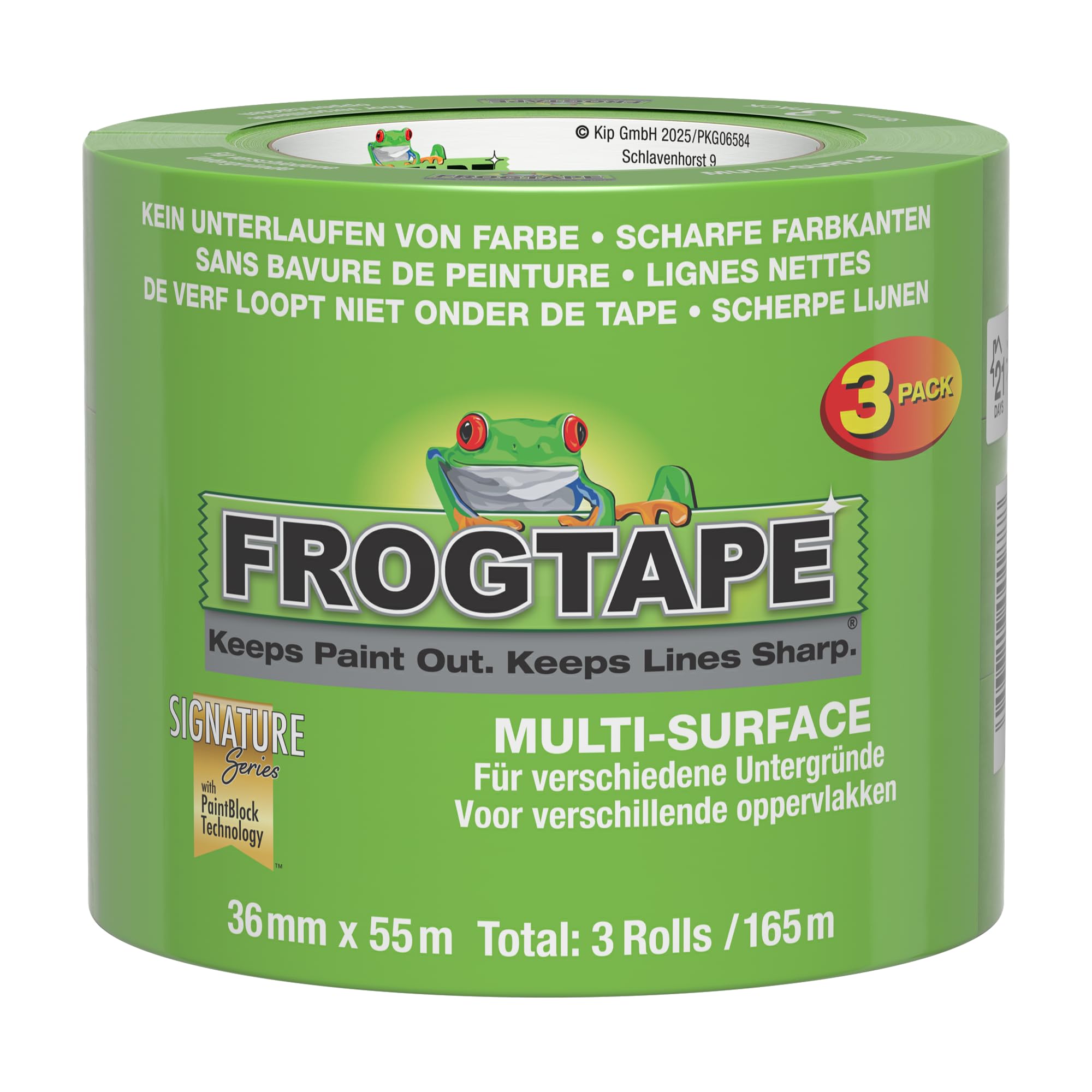 Frog taśma malarska na wielu powierzchniach, zielona, 36 mm x 55 m, 3 sztuki, taśma maskująca z technologią PaintBlock, taśma maskująca do drewna i metalu, ostre linie, bez pozostałości, taśma klejąca