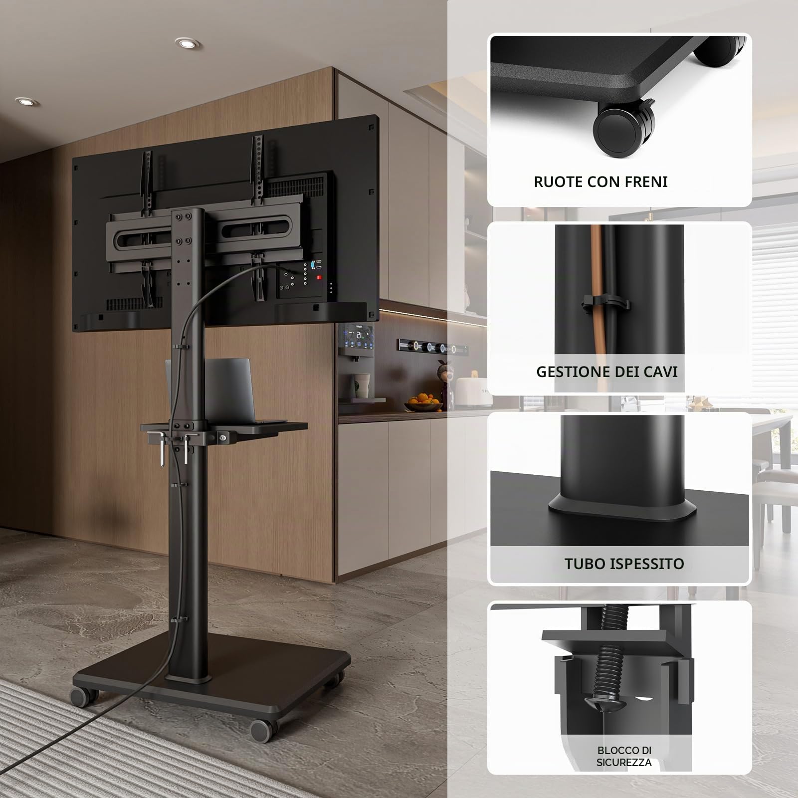 AX WABER Supporto TV da Pavimento Mobile con Ruote per TV 27-65 Pollici VESA 400x400 40 kg