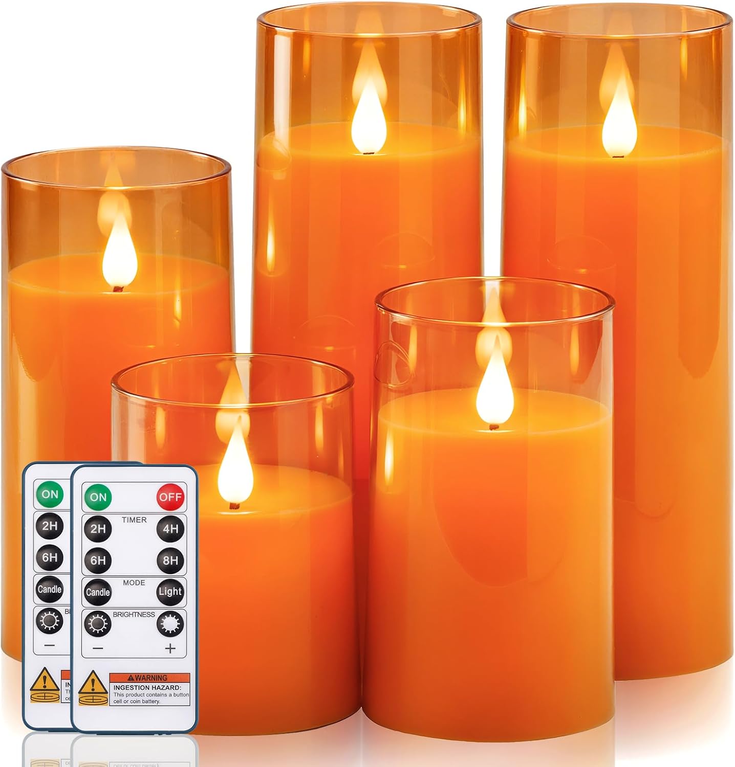 Homemory Halloween Orange Flameless Candles, Battery Operated LED Candles with Remote and Timer, Candles for Halloween Decoration, Fall, Harvest Festival, Set of 5