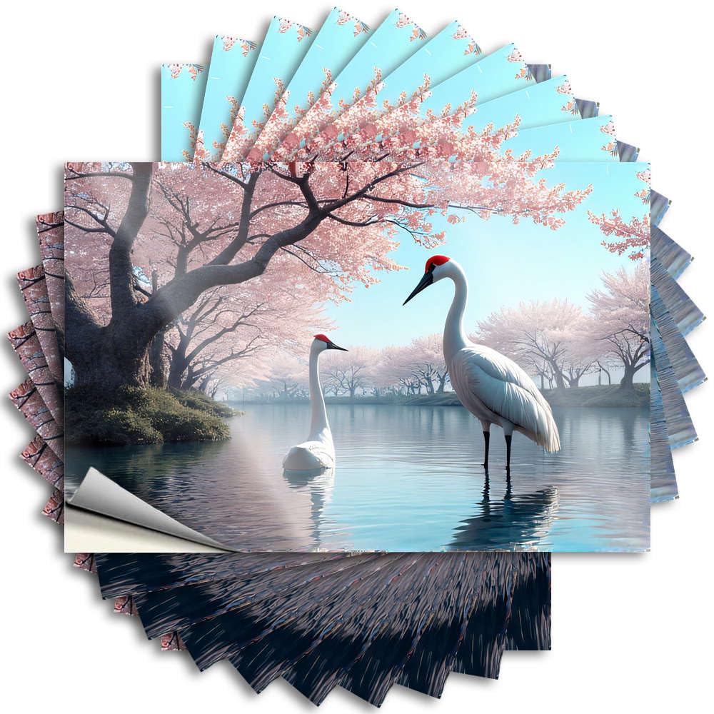 Tattoo Haves Waterproof Vinyl Sticker | Two White Birds Stand By A Serene Lake Surrounded By Cherry Blossom Trees Optical Illusion Tumbler for Teen DIY Projects(12X18CM)