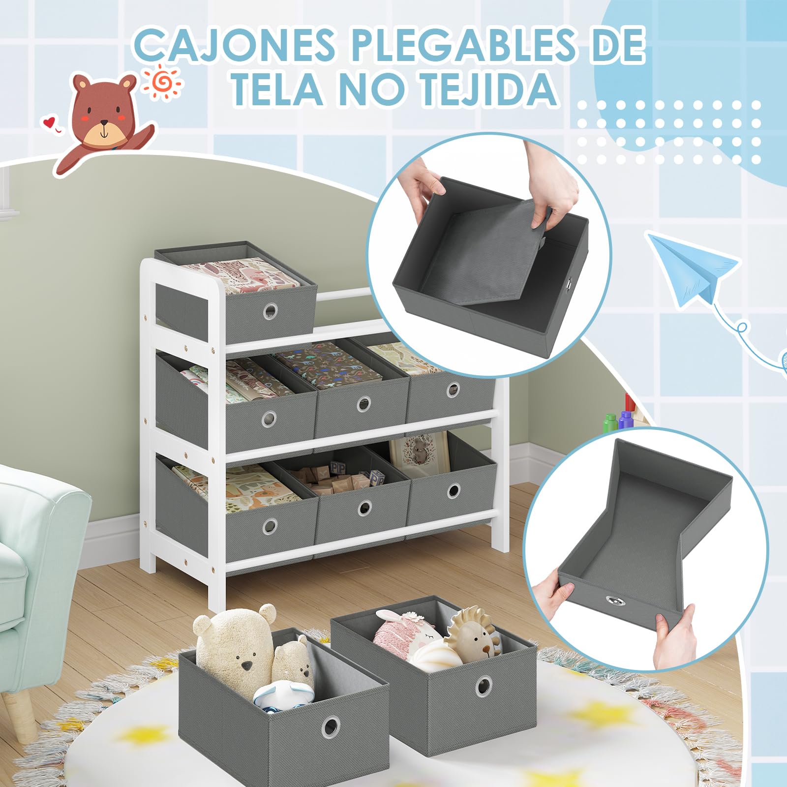 Lestarain Estanteria Infantil de Madera Maciza, Organizador Juguetes y Libros Niños, Estantería Almacenaje 3 Niveles de 9 Cajas, Mueble Infantil para Guardería y Habitación Infantil, Blanco+Gris | Madera; habitación infantil; sala de juegos; guardería; 63
