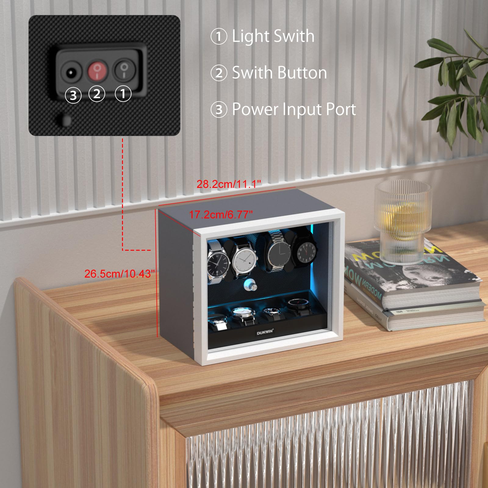 DUKWIN Watch Winder for 4/6/8/12 Automatic Watches, Lockable Automatic Winders with Extra 4/6 Watch Spaces, 4 Rotation Modes, Flexible Pillows, Quiet Motor and Blue Backlight