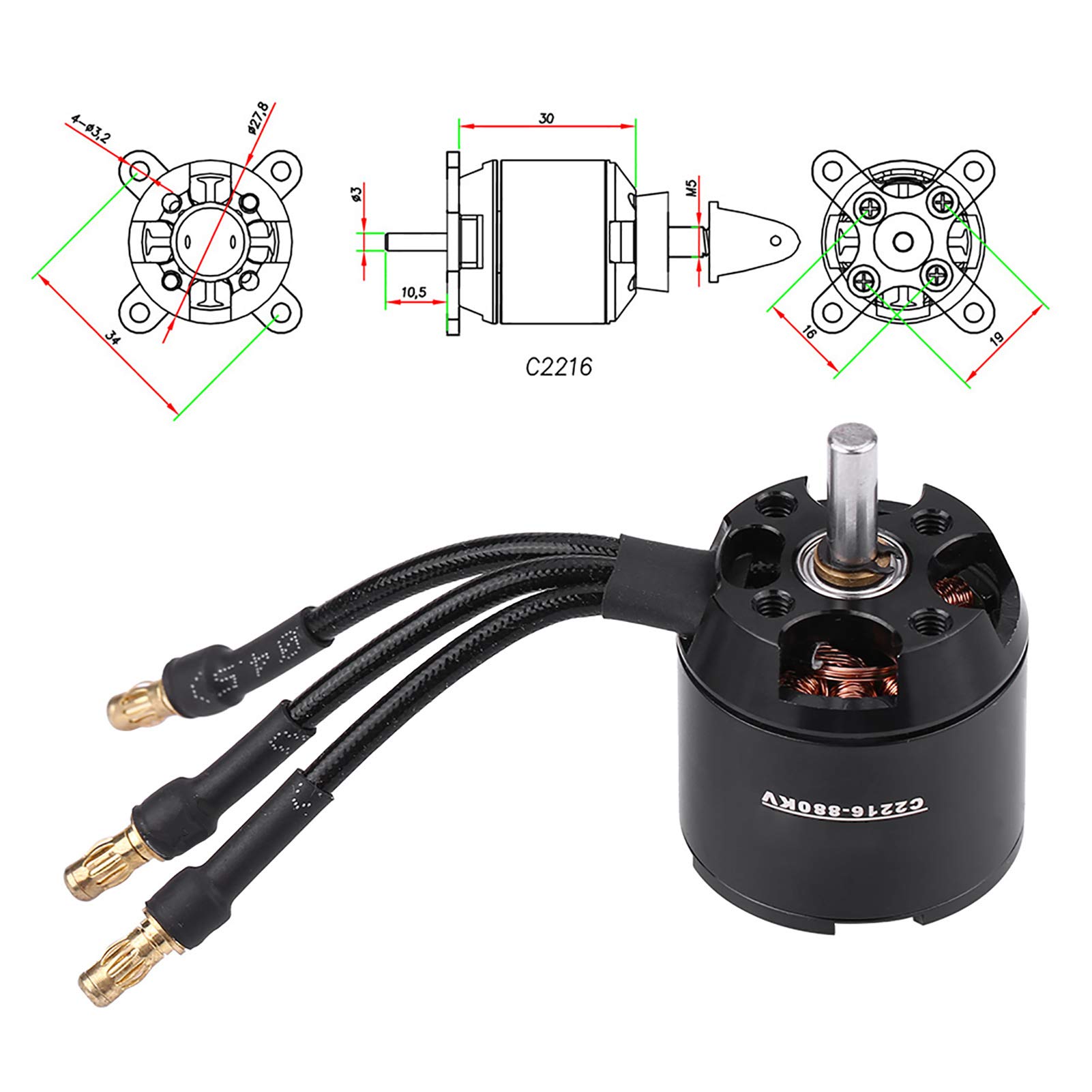 Motor de RC, Potente Motor 2216 880KV para Control Remoto, Diseño Compacto para Modelos RC, para Aviones, Drones y Coches RC