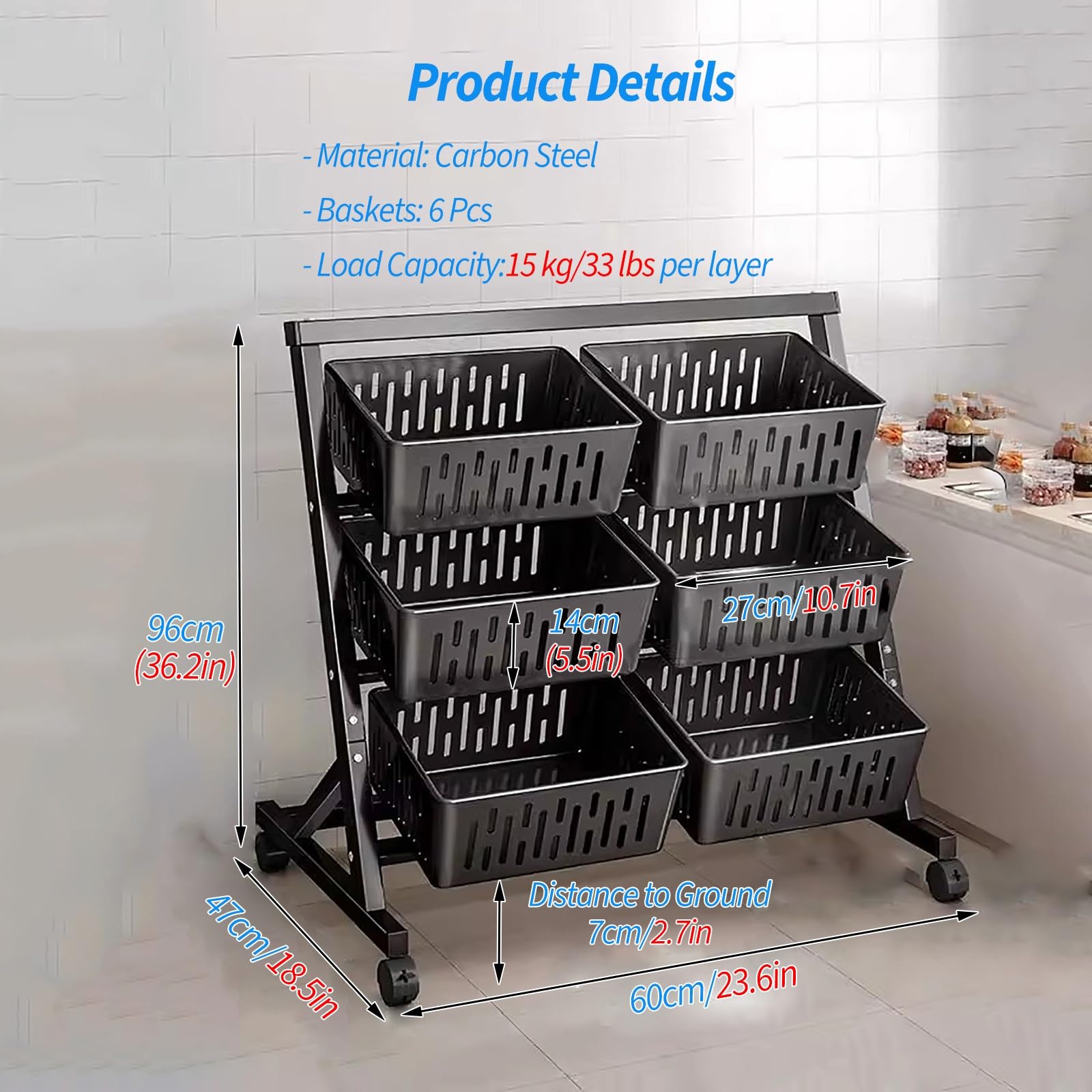 JYHHCYS 96cm Tall Rolling Storage Cart Organizer on Wheel - Vegetable Storage Rack with Large 6 Pcs Baskets - Freestanding Supermarket Shelf Store Up Onion, Potato, Chips(White)