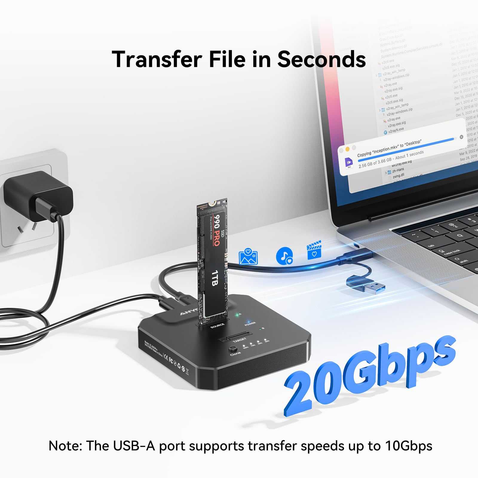 NVMe M.2 Clone SSD Boîtier 20 Gbps USB 3.2 Gen2 Dual Bay M.2 NVMe Station d'accueil avec clonage hors ligne pour une mise à niveau rapide du PC, la migration du système et la sauvegarde des données