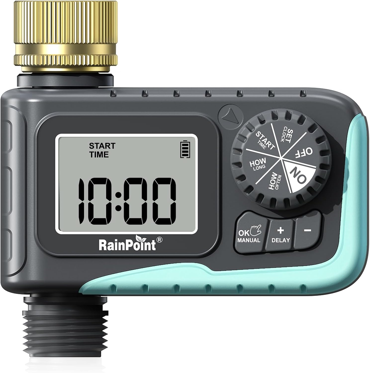 RAINPOINT Brass Sprinkler Timer - Programmable Garden Hose Water Timer with Rain Delay & Manual Watering, 1 Outlet Digital Irrigation Controller