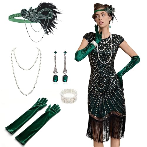 Fashinex 1920s Dresses for Women, Roaring 20s Great Gatsby Flapper Dresses Fringed Sequin Vintage Dress with Accessories Set