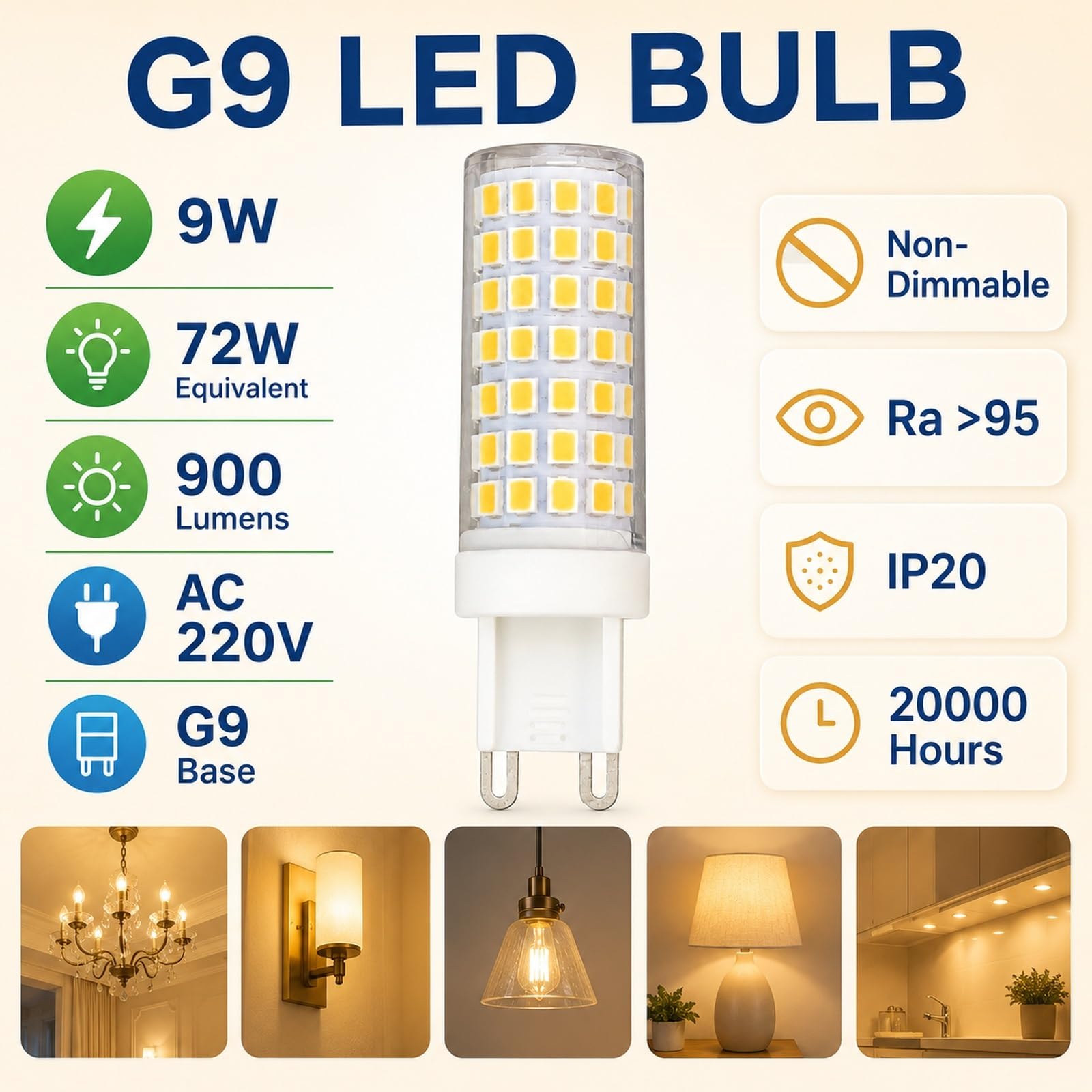 Lampadina LED G9 Luce Calda 3000K 9W Equiv 72W 900lm Risparmio CRI>95 Anti-Sfarfallio Ideale Per Applique Lampadario Sospensione Non Dimmerabile Confezione Da 6