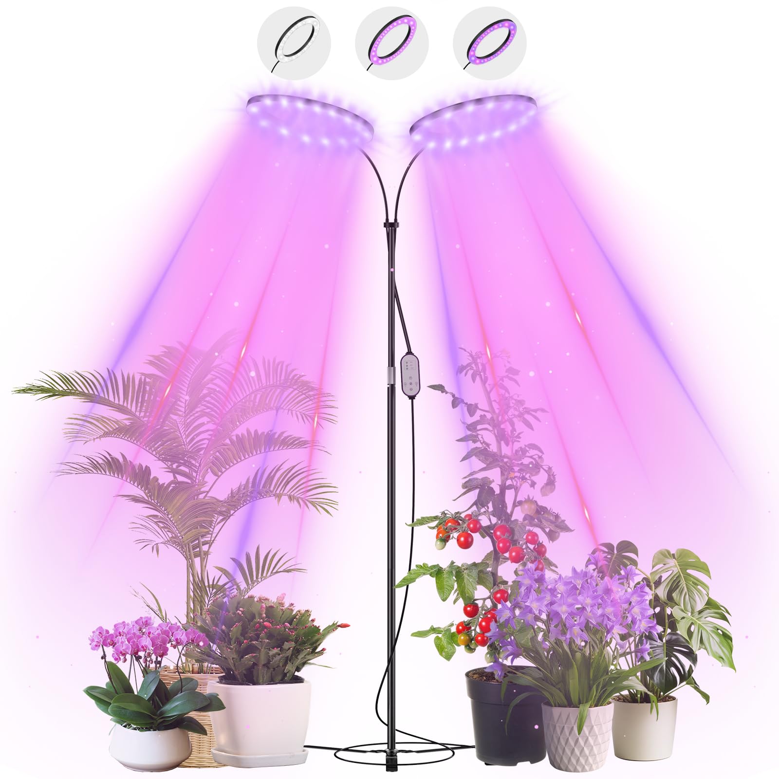 Olubfdh Lampada per Piante, Led Lampada da Coltivazione Spettro Completo con 168LEDs con Timer Auto, Grow light 2 Teste con 360°, Regolabile da Terra per Piante da Interno con Telecomando