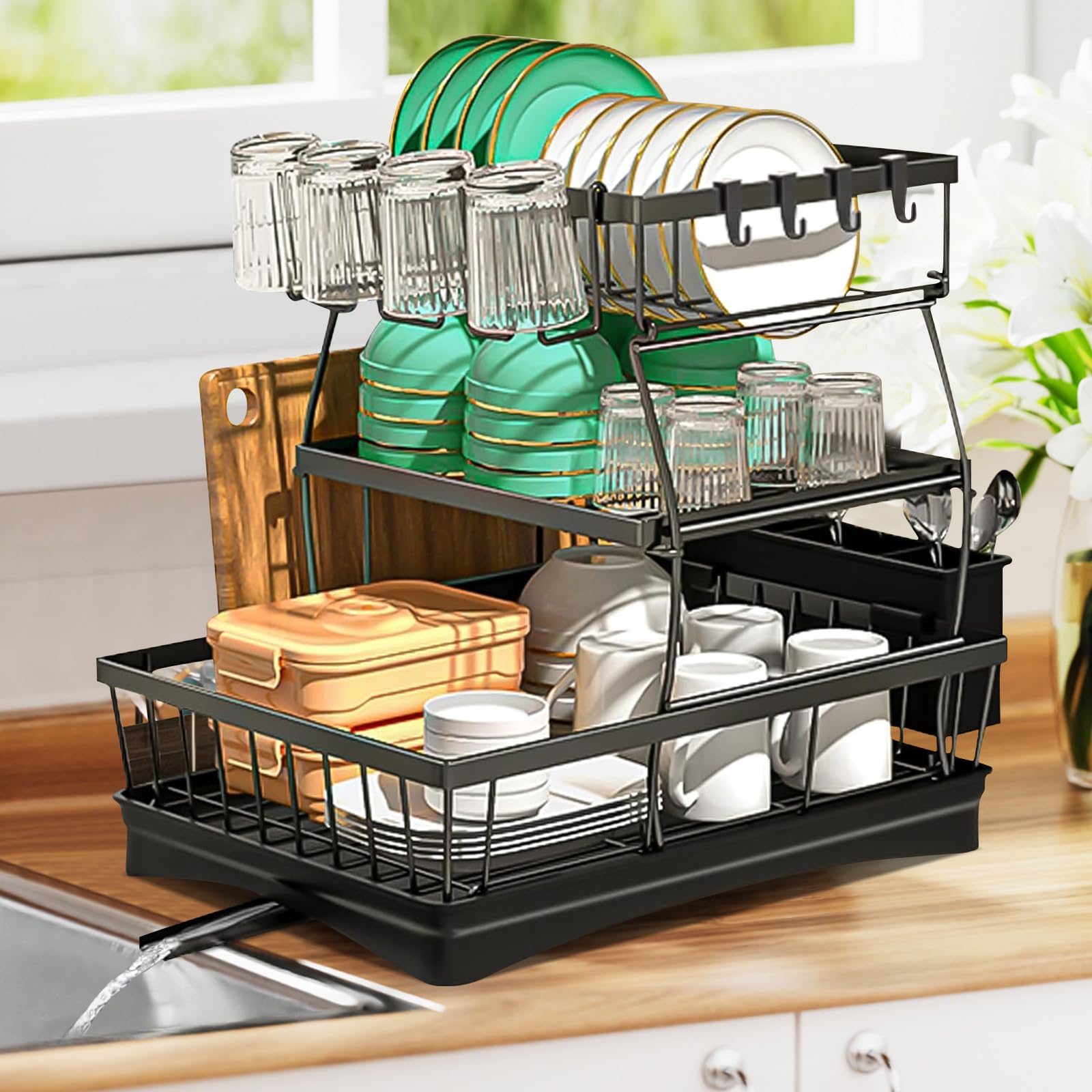 Escurridor de Trastes, Escurridor de Platos de 3 Niveles, Estante para Secar Platos sobre el Fregadero para Platos,con Porta Utensilios, Portavasos y Almohadilla de Secado para Organizar la Cocina