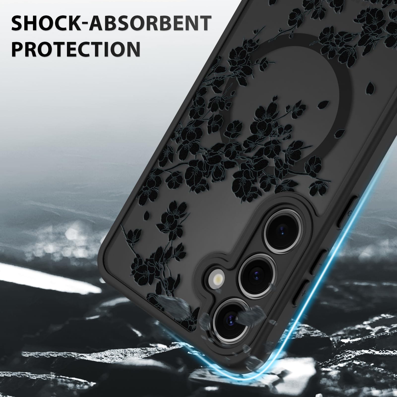 OOK Etui do telefonu Samsung Galaxy S24 FE 6,7 cala (kompatybilne z bezprzewodowym ładowaniem) czarne kwiaty, kwiatowy wzór, półprzezroczyste etui na telefon, miękkie tworzywo TPU + twardy PC, odporne