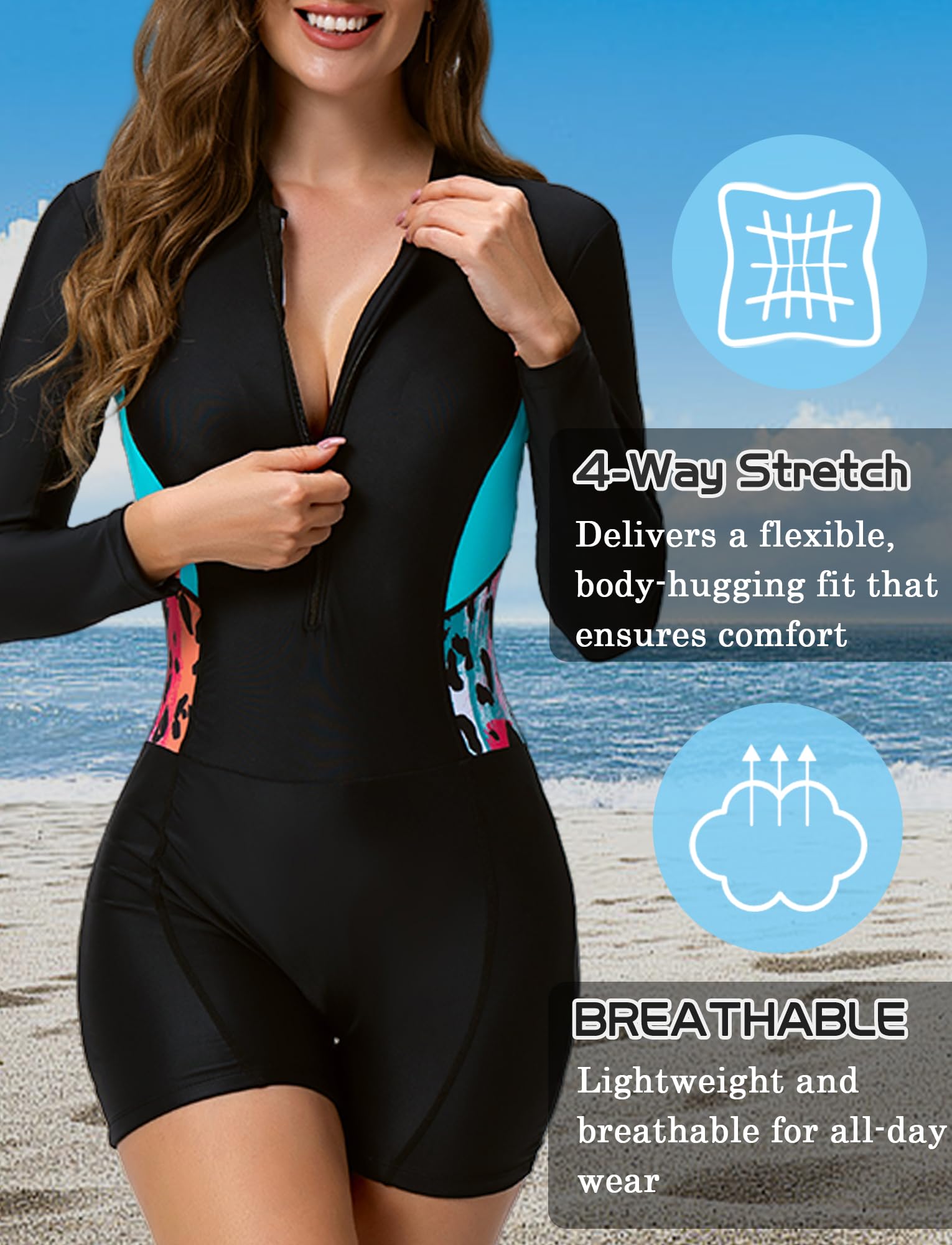 Traje de baño de manga larga para mujer Rashguard de una pieza de mujer UPF 50+ UV Surf Beach Swimsuit xs-2xl