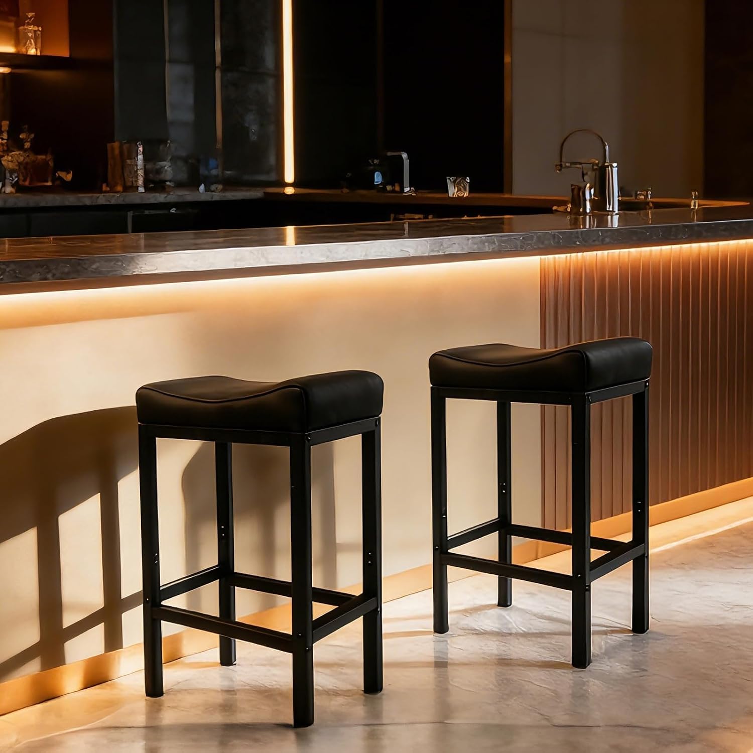 Set of 2 Backless Bar Stools 30 Inch, Modern Counter Height Stools with Soft Faux Leather Padded Saddle Seat, Heavy Duty 300LB Capacity for Kitchen Island, Black