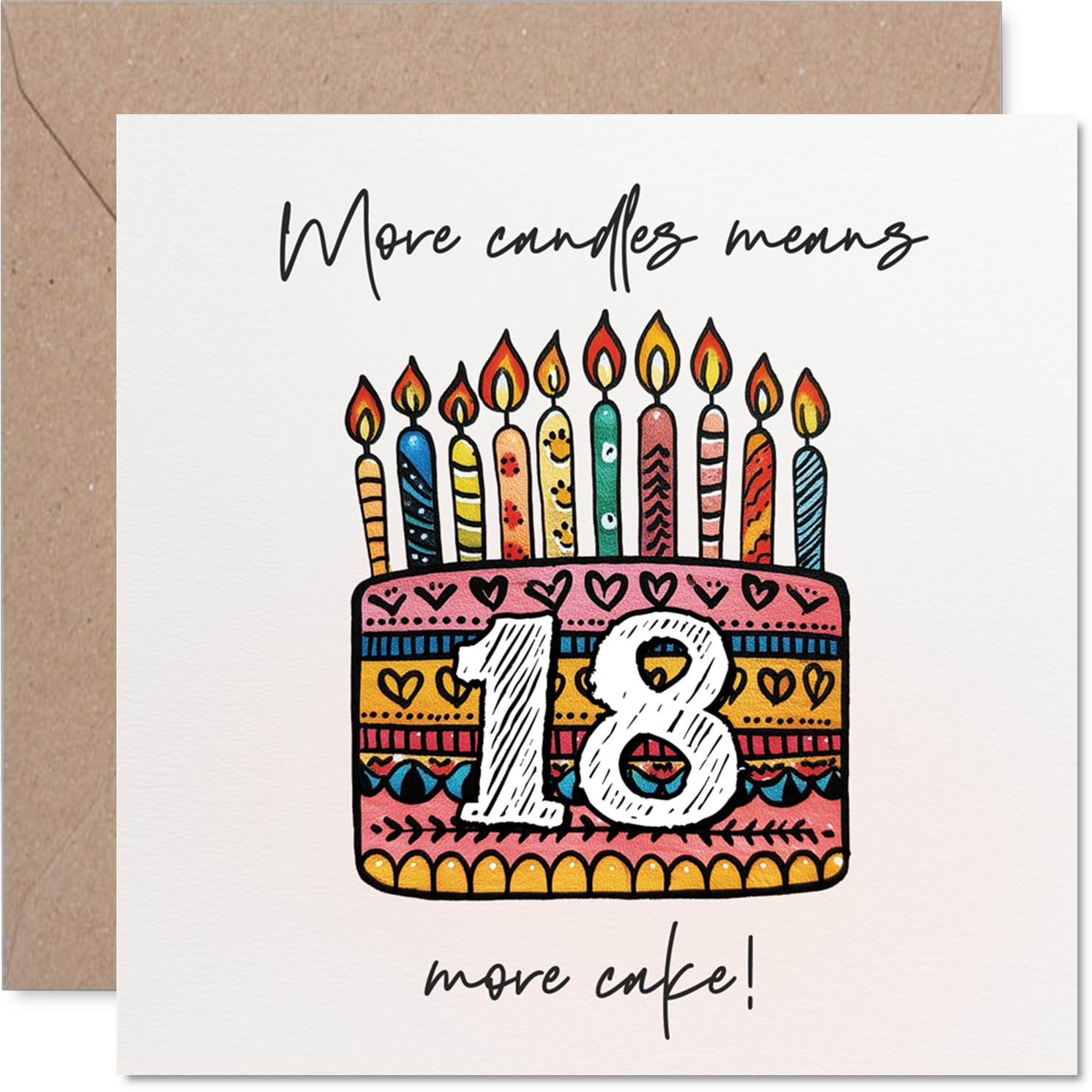 Funny 18th Birthday Card - More Candles Means More Cake - Vibrant with Colourful Cake and Candles - A Cheeky Nod to the Big 18 Celebration - 145mm Square, Envelope Included