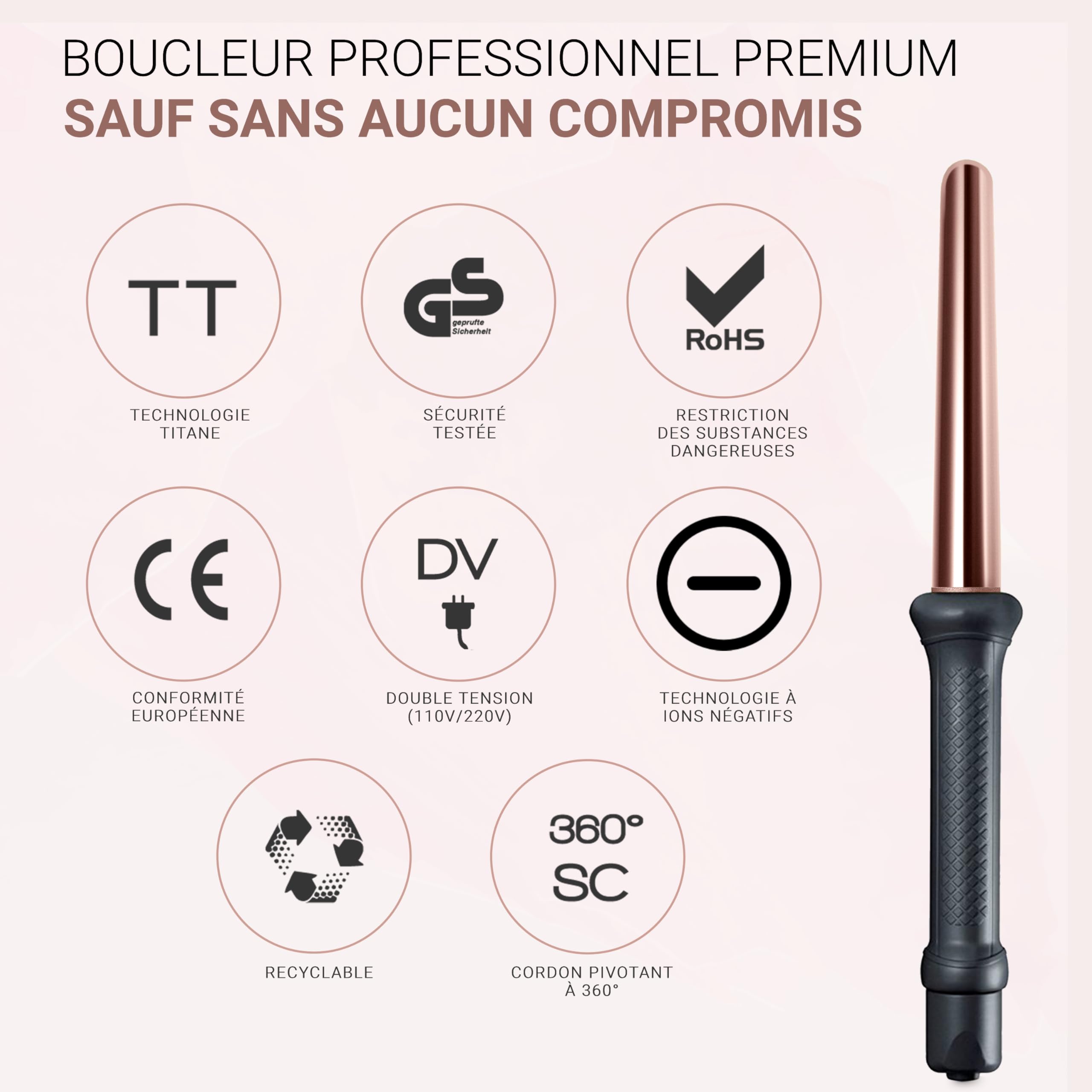 Golden Curl Boucleur a Cheveux Professionnel - 5 Ans de Tranquillité - Fer à Boucler et Friser - Appareil et Outil de Coiffure Hair Curler Onduleur de Cheveux (18 mm – 25 mm, Or Rose)